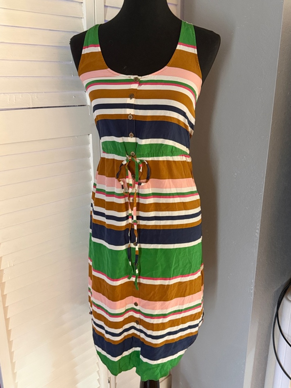 Fossil Green, Navy & Brown Striped Button-Front Dress